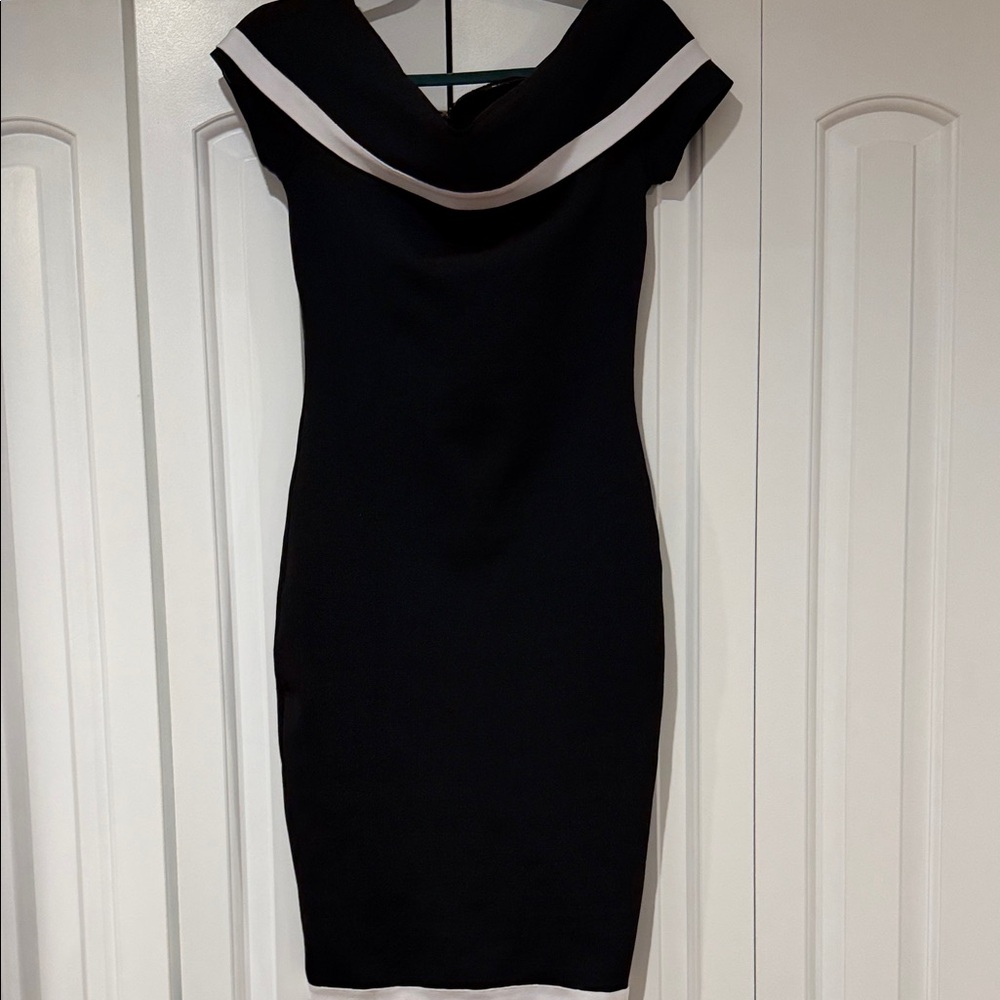 bebe off‎ the shoulder Black Dress with White Trim medium